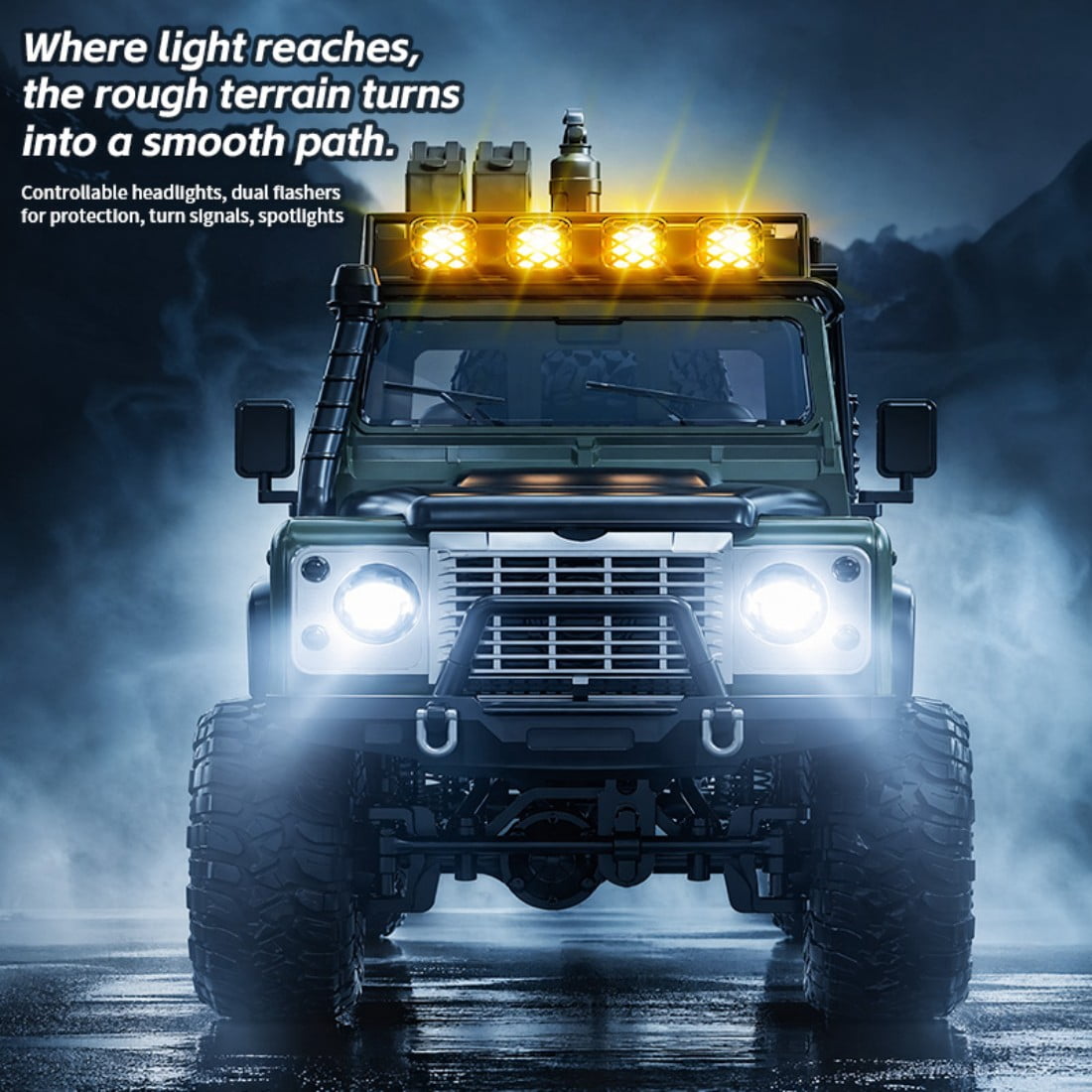 KF90 1/12 Scale 4WD RC Rock Crawler, 2.4GHz Full Proportional Off-Road Truck with Adjustable LED Lights & 60-Min Runtime, Splash Resistant, Green RC Car for Adults