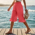 thumbnail image 6 of Cotton Linen Pants Women Summer Casual Pull on Wide Leg Drawstring Elastic Waist Petite Ruffle Hem Capri Pants with Pockets Watermelon Red 2XL, 6 of 6