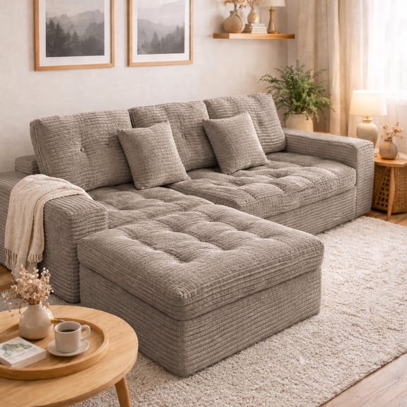 OTONIPU 105 Inch Modular Cloud Sofa with Ottoman, Faux Rabbit Fur Velvet, All-Foam DIY Sectional Couch, Khaki
