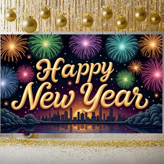 Colorful Fireworks Happy New Year Banner Golden Lettering New Year Display Cityscape Design Night Sky Theme Festive Backdrop for New Year Party Holiday Celebration Indoor Decoration