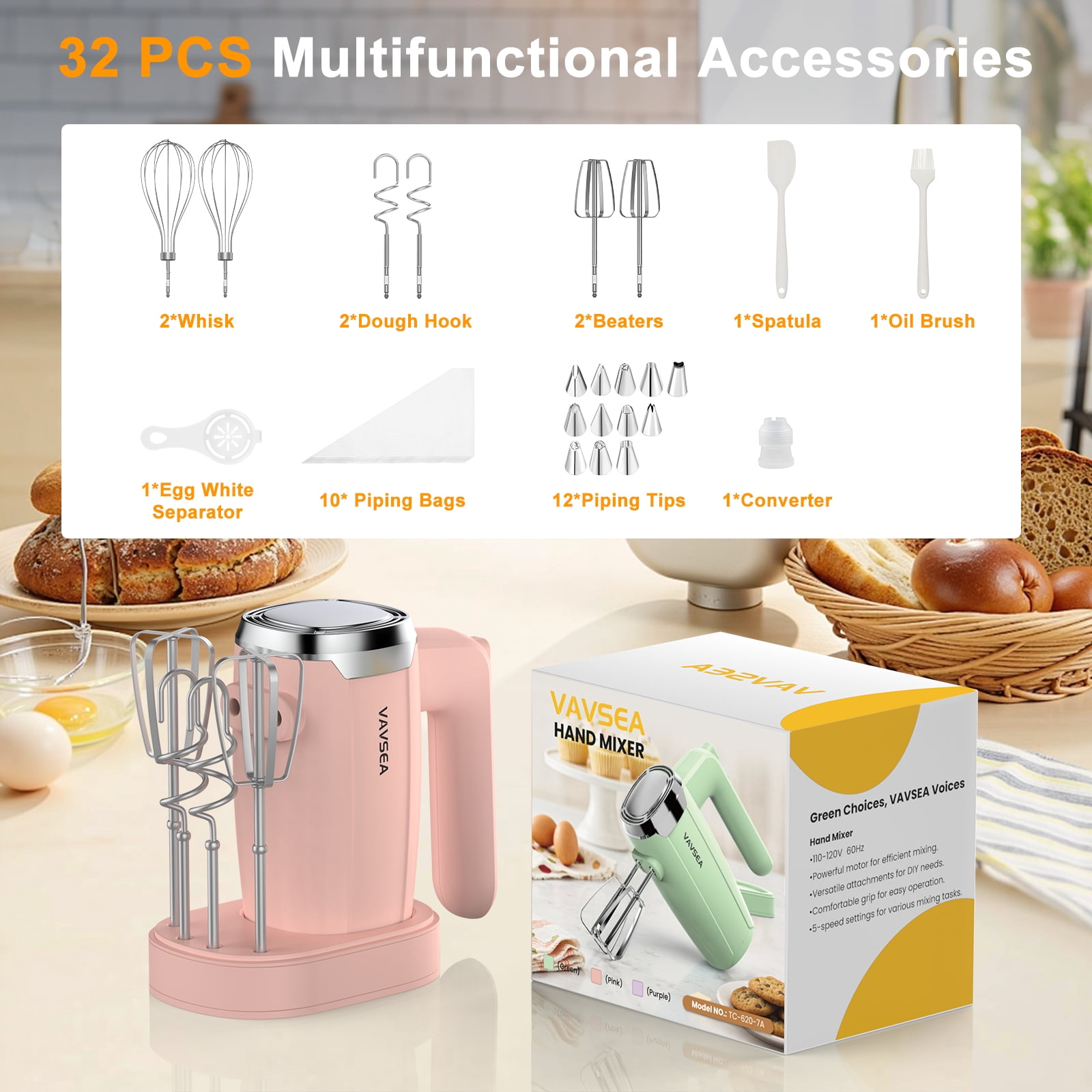 VAVSEA Electric Hand Mixer with 32 Attachments, Includes 2 Whisk, 2 Dough Hooks, 2 Beater, Cake Decorating, 500W Handheld Mixer for kitchen, Baking, Blending, Pink