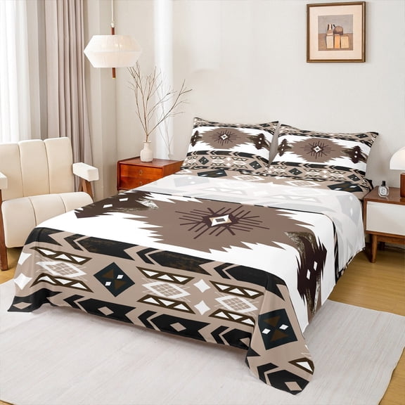 Manfei Vintage Aztec Twin Sheet Sets,Brown Geometric Pattern Twin Fitted Sheet,Boho Theme Flat Sheet,Super Cozy Room Decor,3pcs