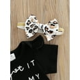 thumbnail image 5 of Seyurigaoka Girls Summer 3Pcs Outfit Sets Short Sleeve Letter Print Romper + Leopard/Sunflower Print Shorts + Headband, 5 of 9