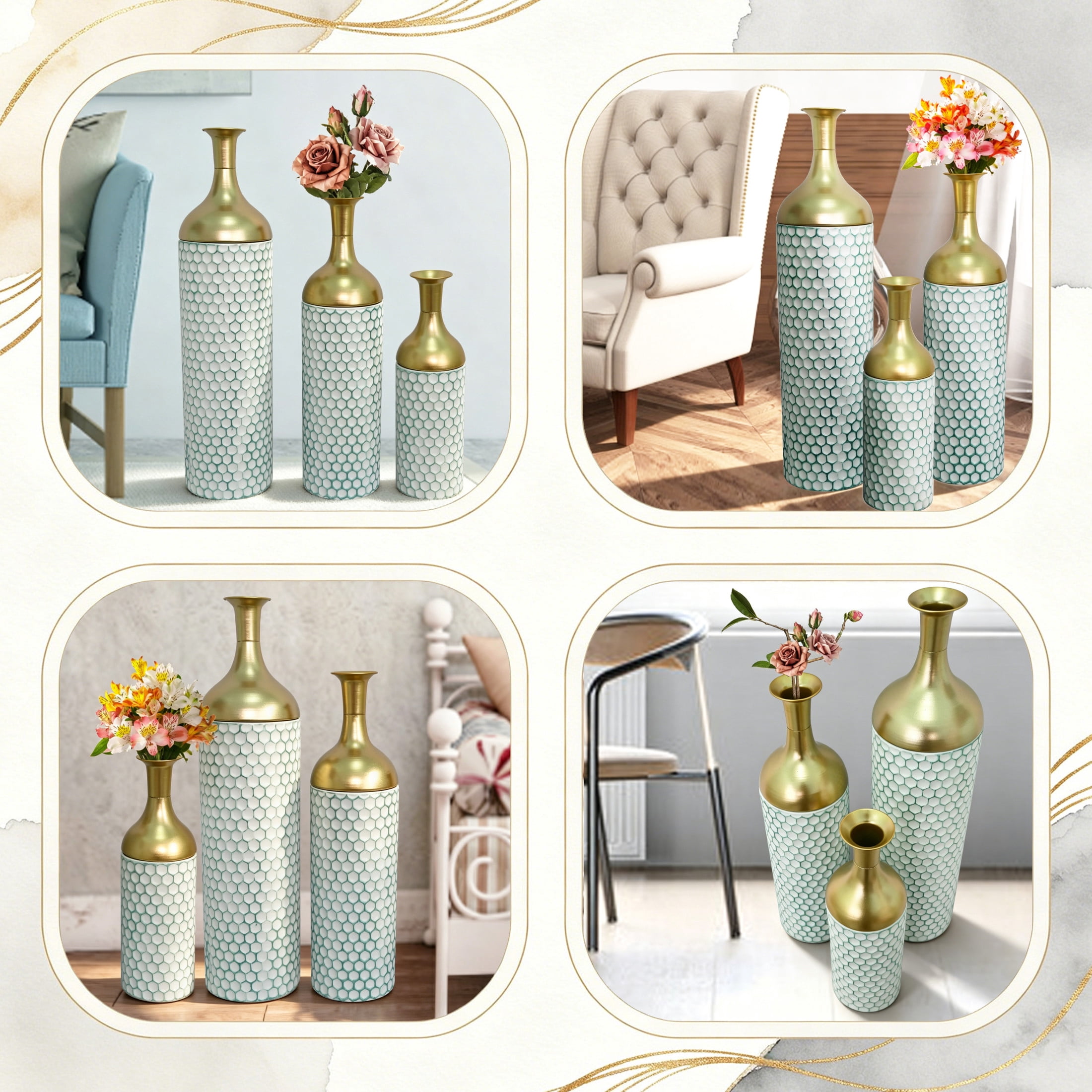 Noble House Set of 3 Decorative Metal Floor Vases, Tall Honeycomb Textured Vases for Home Decor, White+Gold
