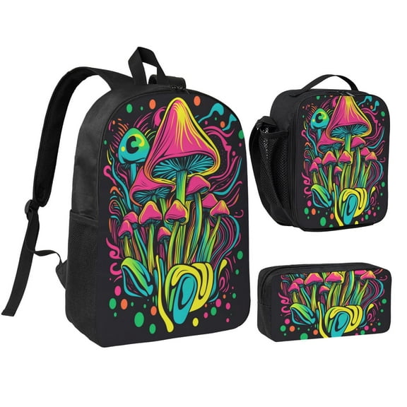 Colorful Mushroom Pattern Backpack 17 Inch Set with Lunch Bag and CaseDurableTravel Bag Combo for Work Commuting Daily Use
