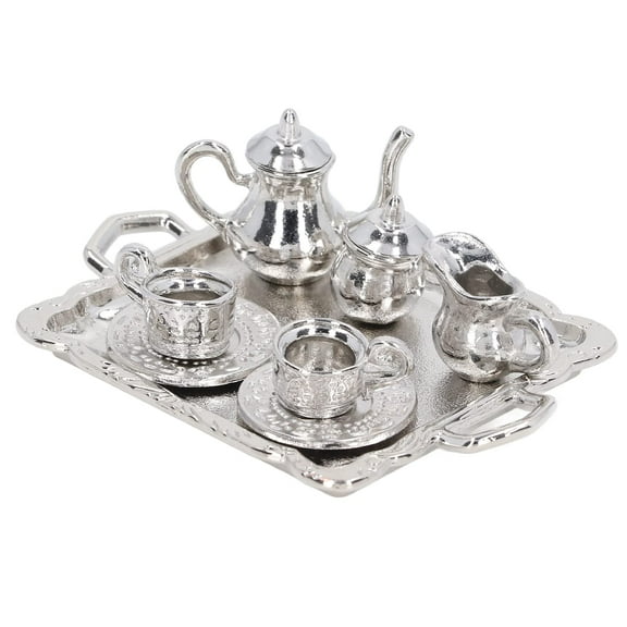 Mini Tea Set, Metal 1/12 Scaled Simulation Lifelike Miniature Tea Cup Tray Kit for Dollhouse Silver Tea Set Baby 8-piece Set