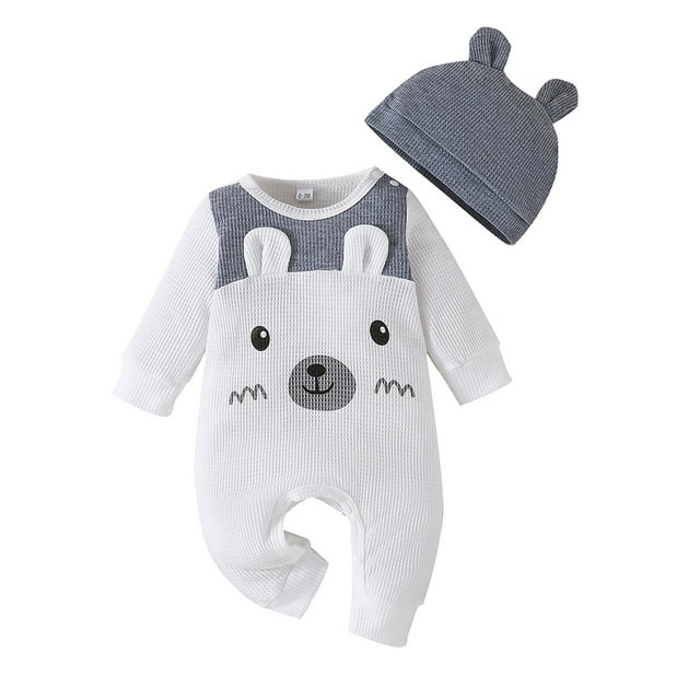 xiaxaixu Baby Long Sleeve Rompers Newborn Winter Round Neck Bear Pattern Jumpsuits Hat Infant Casual Bodysuit