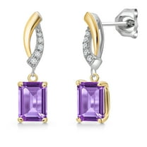 Gem Stone King 925 Silver and 10K Yellow Gold Purple Amethyst and Lab Grown Diamond Dangle Earrings for Women | 1.95 Cttw | Gemstone February Birthstone | Emerald Cut 7X5MM