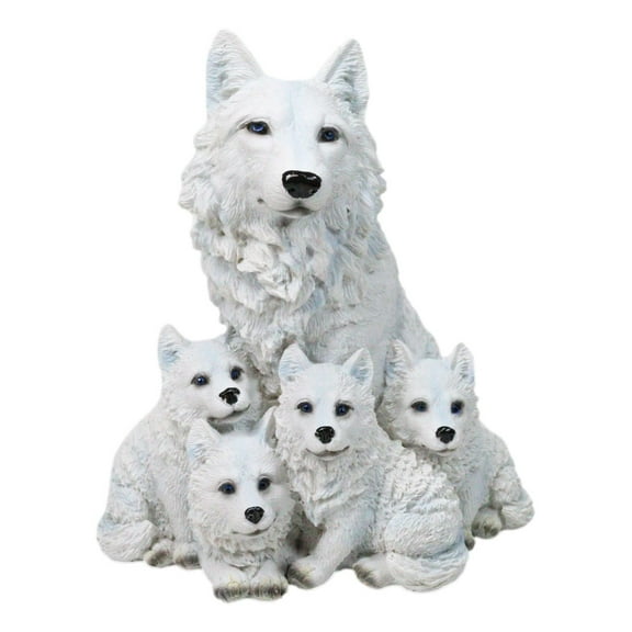 Winter Snow White Alpha Wolf Father With 4 Adorable Pup Cubs Figurine