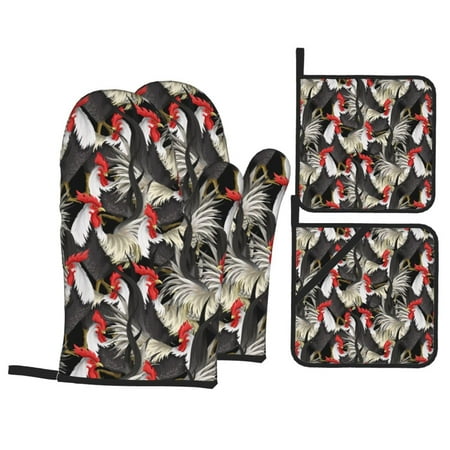 

Oven Mitts and Pot Holders 4 pcs Set Roosters K Heat Resistant Pot Holders Oven Mitts for kitchen Non-Slip Hanging Loop Oven Glove Potholders for Baking Cooking