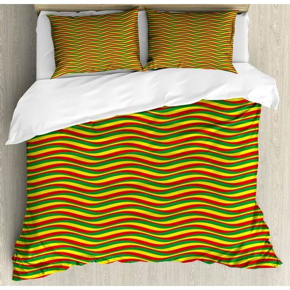 Rasta Duvet Cover Set, Vivid Colors Ethiopian Flag Colors in Wavy Style Stripes Image, Decorative 3 Piece Bedding Set with 2 Pillow Shams, Queen Size, Marigold Green and Red, by Ambesonne