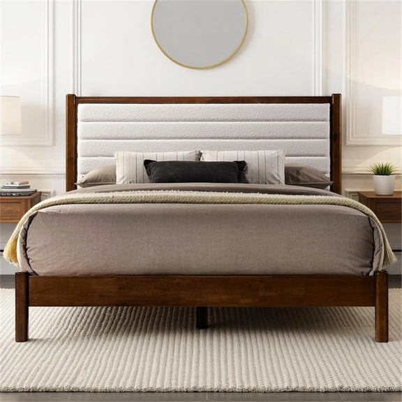 Omax Decor Madeline Wooden Queen Platform Bed in Walnut and Cream White Boucle