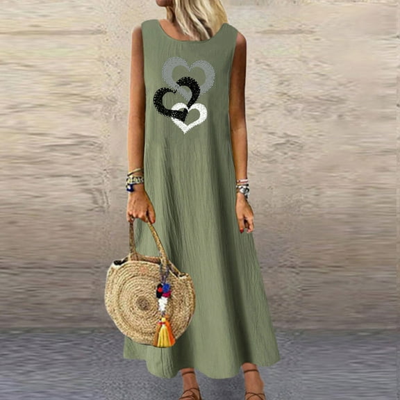 CALAFEBILA Summer Dresses for Women Plus Size Sleeveless Heart Print Midi Sun Dress Cotton Linen Tank Dress Long Dresses for Teens