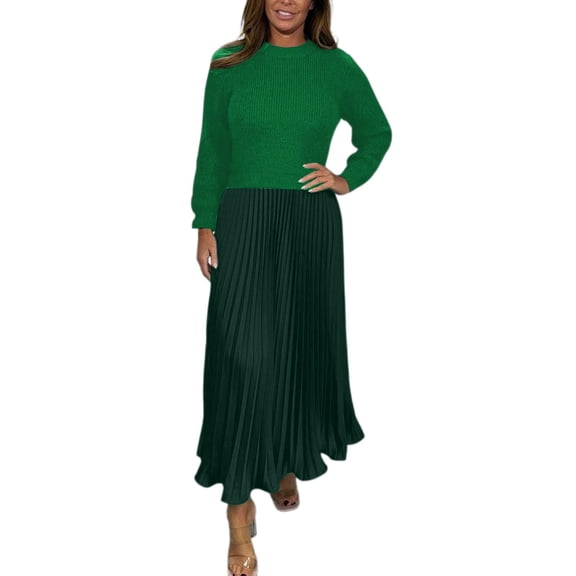 DHFJKG Women's 2 Piece Outfits Skirt Sets Round Neck Knitted Long Sleeve Sweaters Pleated Long Maxi Skirts Spring Matching Set Trendy Outfit