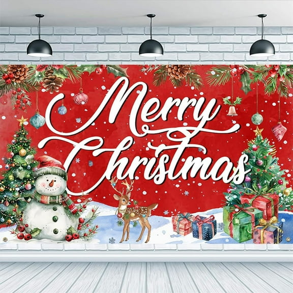 Merry Christmas Backdrop 5.9x3.6ft Snowman Deer Gifts Christmas Trees Pattern Backdrop Colorful Polyester Bells Christmas Balls Banner Decorations Christmas Theme Backdrop for Party