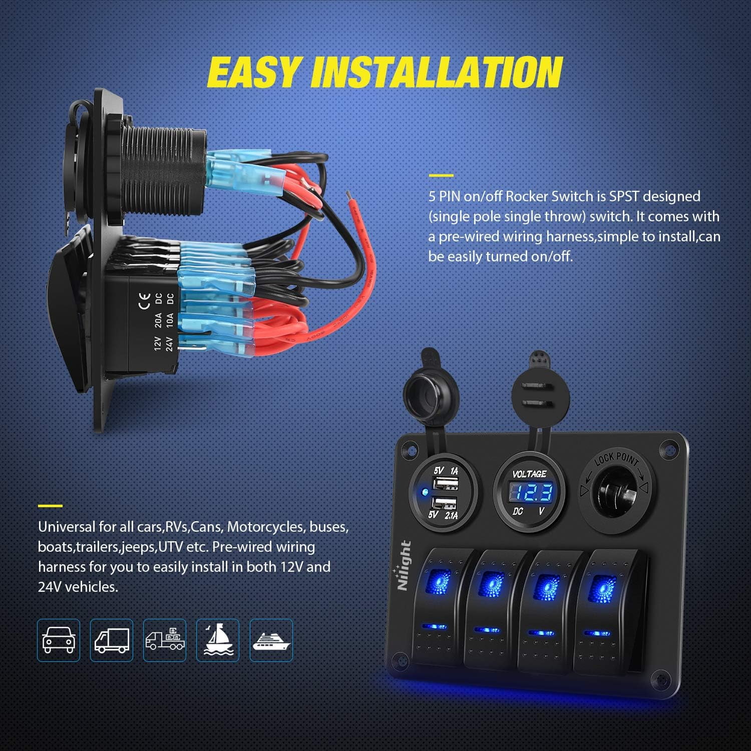 Nilight 4 Gang Rocker Switch Panel Waterproof Pre-Wired Aluminum Switch Panel with Dual USB Cigarette Lighter Socket Voltmeter12V-24V DC ON Off Switch Panel for Cars Rvs Trucks