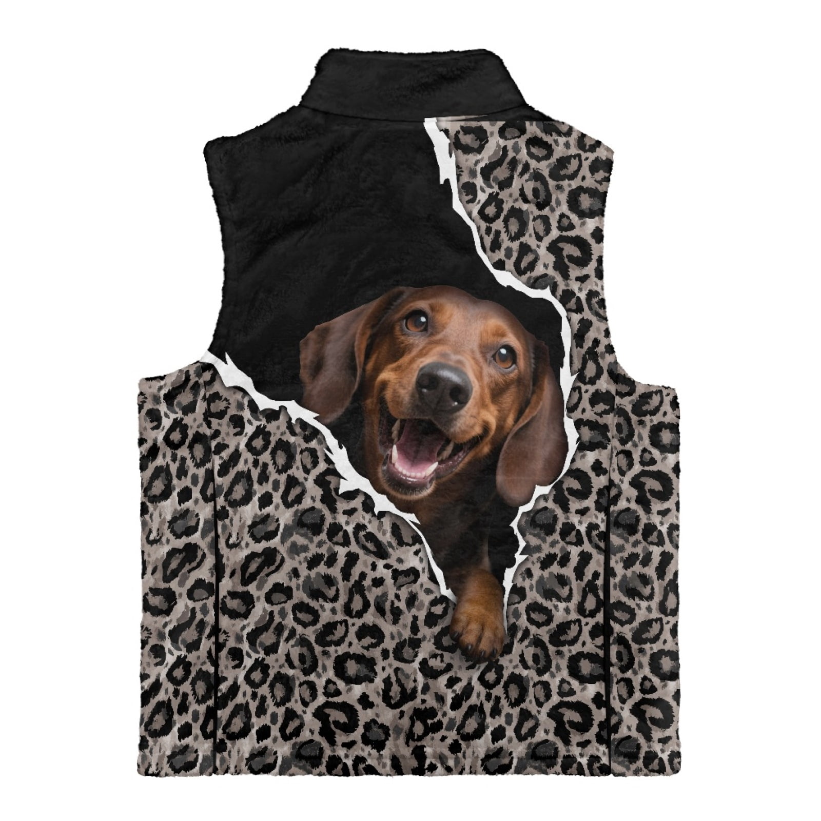 Xoenoiee Dachshund Leopard Print Fleece Outerwear Vests for Boys, Big Little Kids Sleeveless Zipper Coat Jacket Winter Spring Fall Warm Fleece Vest with Pockets, Size 3T