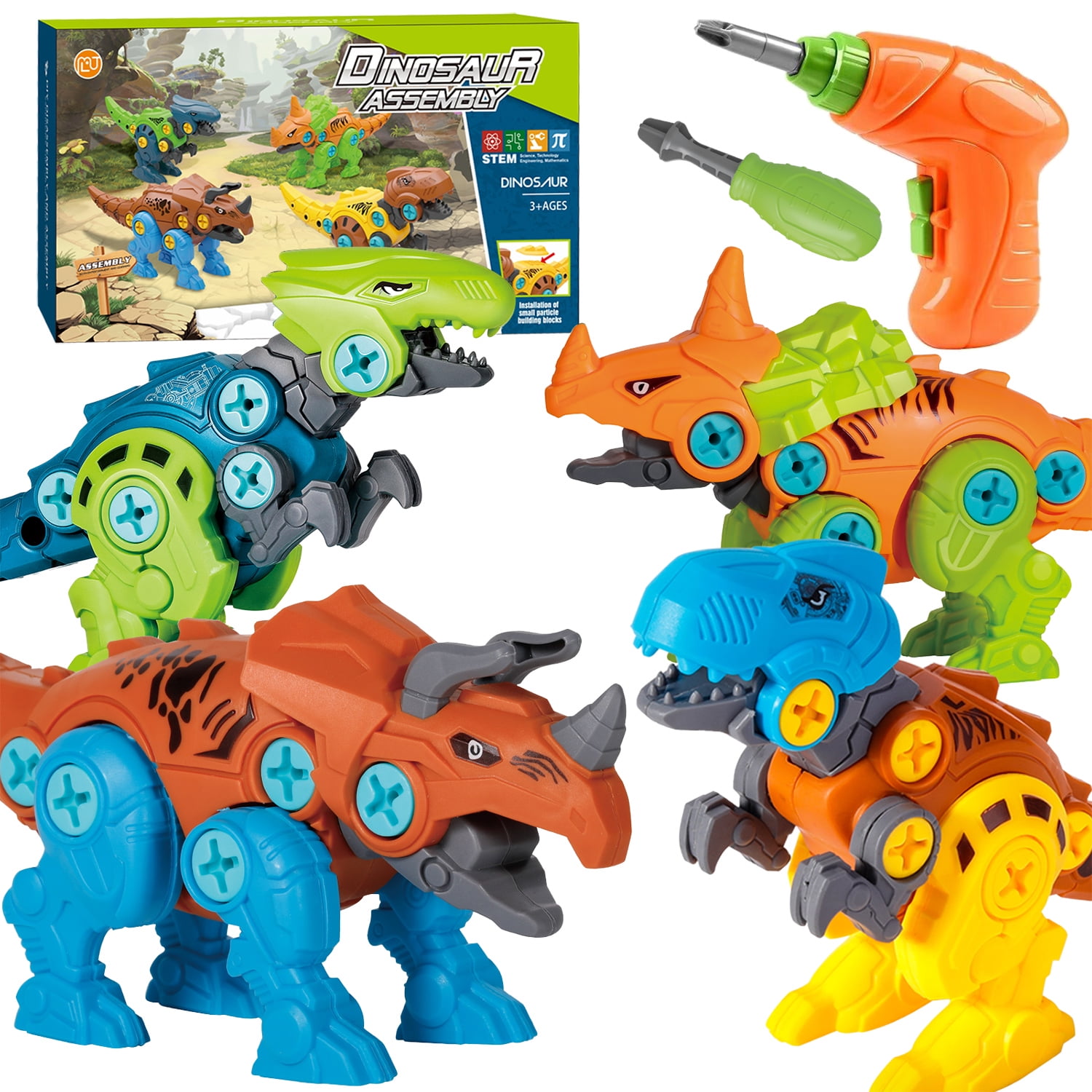 3 Pack STEM Construction Building Toy Set with Electric Drill Tools Take Apart Dinosaur Toys for Kids Educational Learning Games Play Kit Birthday Gifts for Boys Age 3 4 5 6 7