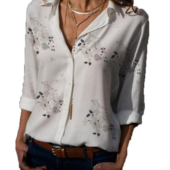 Women's Floral Printed Button Down Shirts Roll-up Sleeve V Neck Casual Blouse