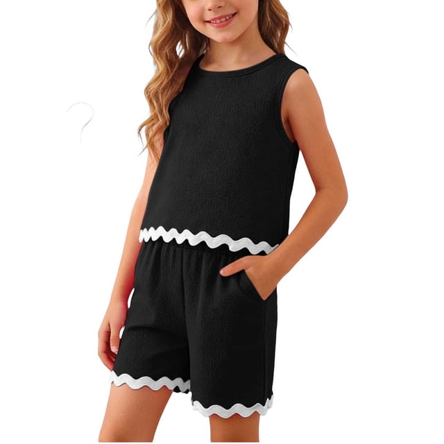 Tank Top Set for Girls, Solid Color Bubble Ruffle Trim Round Neck and Shorts 2-Piece Summer Casual Outfit for Kids