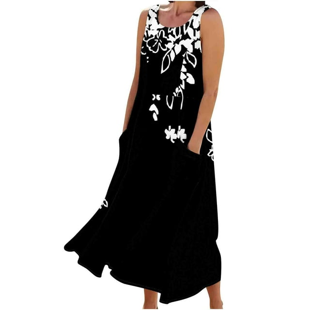 Birdeem Robes pour Femmes Robe Longue Sans Manches en Coton et Lin à Col Rond Imprimé