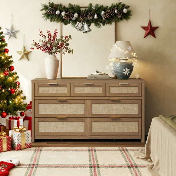 SICOTAS 56.88" Wide 7 Drawer Tall Dressers, Boho Dresser with Oversized Storage Space Rattan Dressers & Chests of Drawer Engineered Wooden Dressers for Bedroom,Reclaimed Caramel Oak
