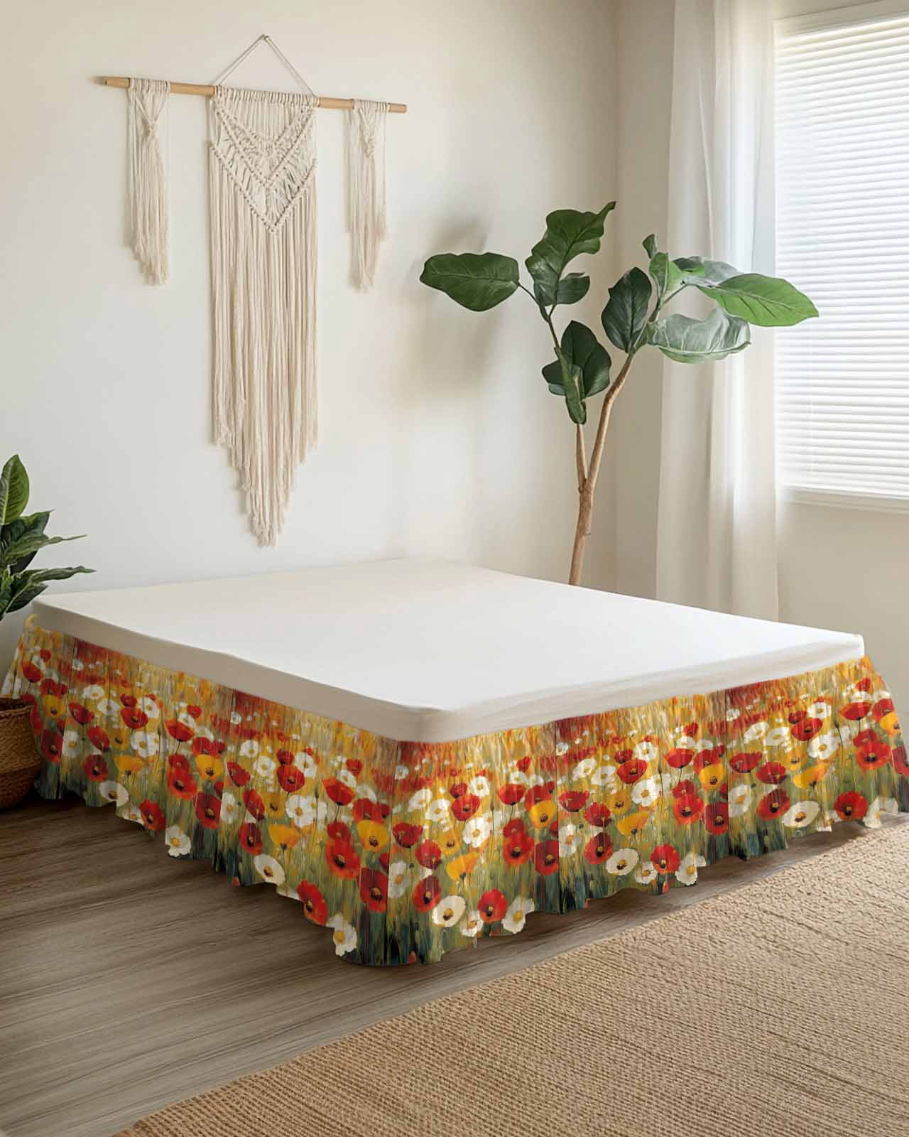 Retro Floral Bed Skirt Red White Yellow Poppy Flowers Oil Painting Bed Skirts King Size 18 Inch Drop, Wrap Around Dust Ruffle&nbsp;Bedskirt with Adjustable Elastic Belt for Queen Size Beds