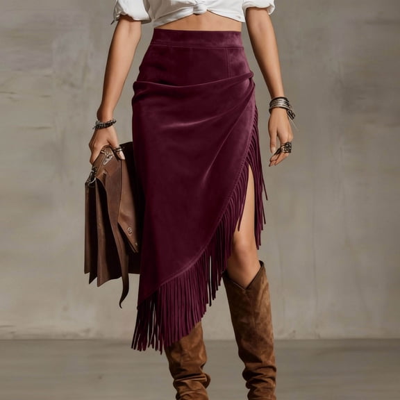 AUNVITO Women's High Waist Asymmetric Fringe Slit Bodycon Midi Skirt Fashionable and Flirty Style