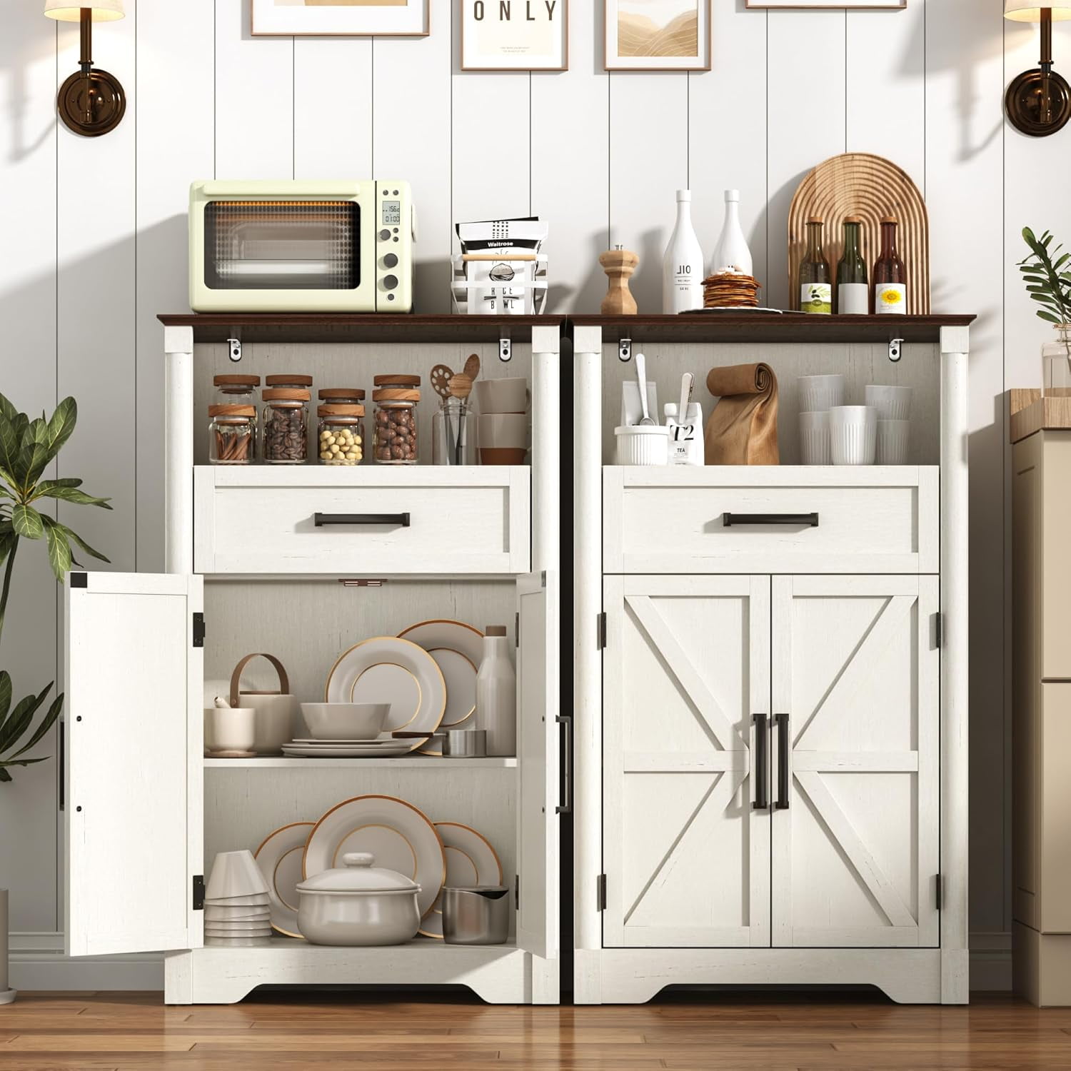 Farmhouse Floor Storage Cabinet with Drawers & 2 Barn Doors, Wood Bathroom Storage Cabinet with Roman Column Decor, Farmhouse Storage Cabinets with Adjustable Shelf & Door Cabinets, Rustic White