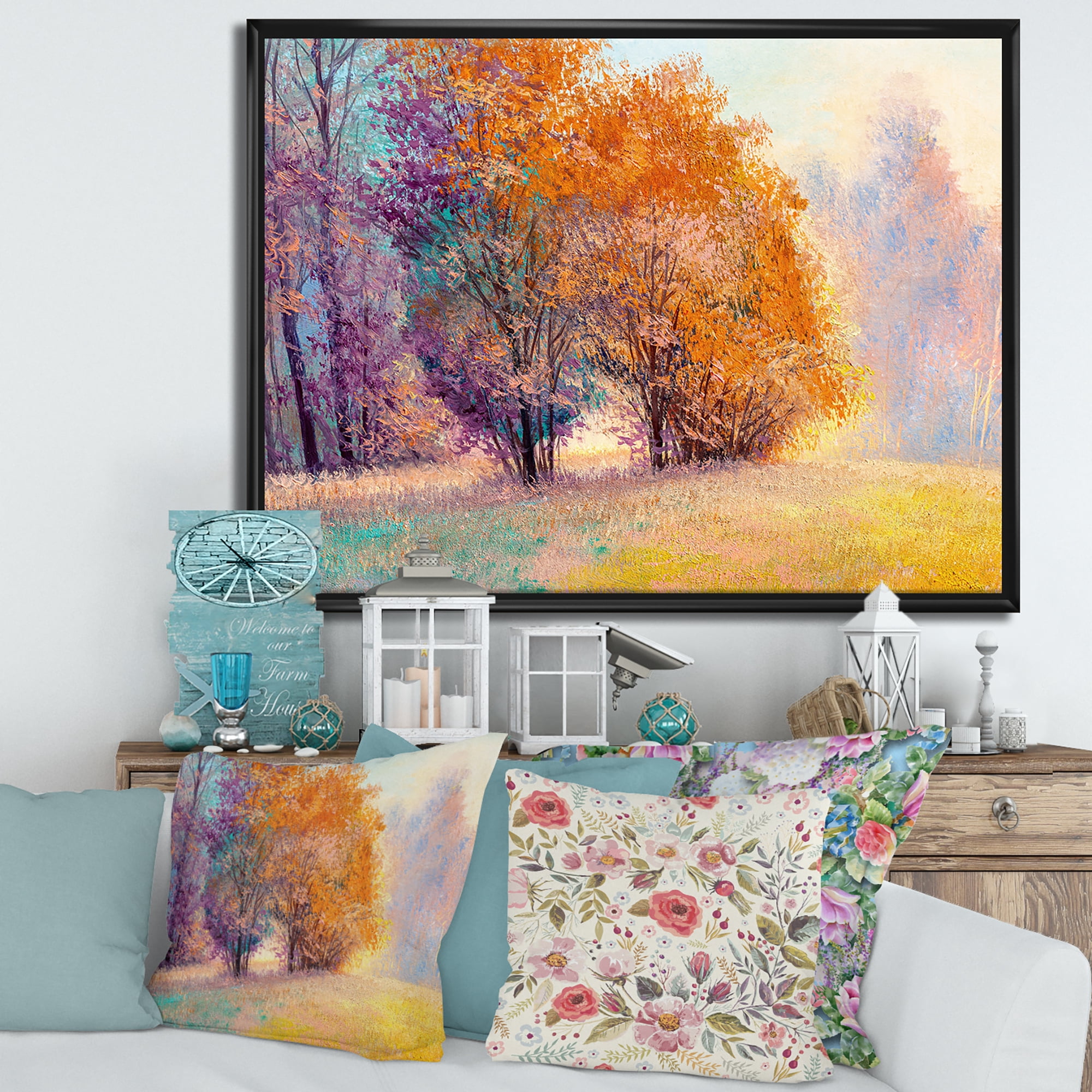 Designart 'Autumn Forest Orange Leaves Landscape' Lake House Framed Canvas Wall Art Print