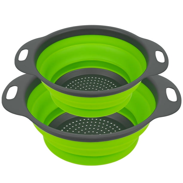 Juego plegable de 2 piezas, plegable redondo de silicona con asas de plástico, colador de cocina de orificio grande ecológico-1 grande y 1 pequeño