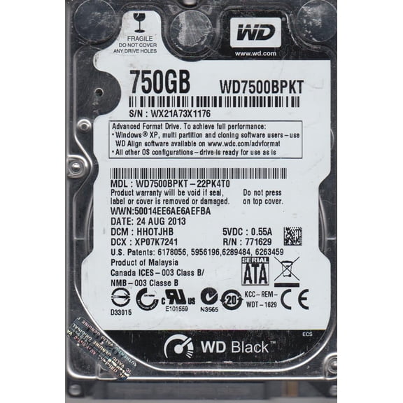 WD7500BPKT-22PK4T0, DCM HHOTJHB, Western Digital 750GB SATA 2.5 Hard Drive