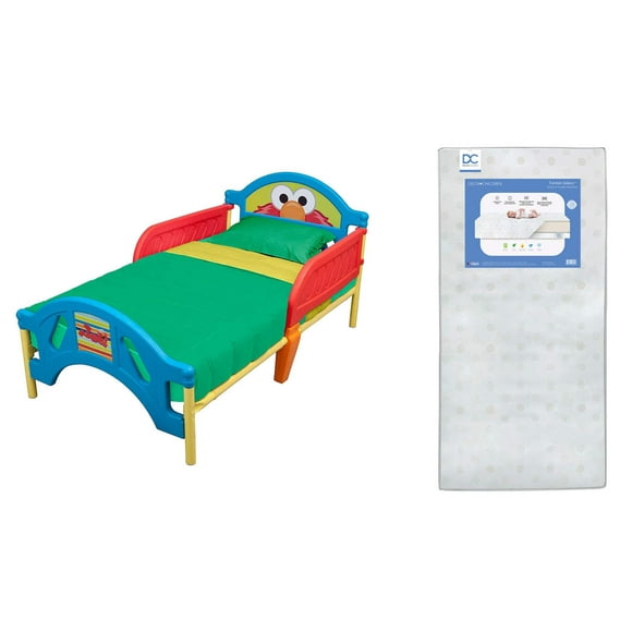 Delta Children Plastic Toddler Bed, Sesame Street + Delta Children Twinkle Galaxy Dual Sided Recycled Fiber Core Toddler Mattress (Bundle)