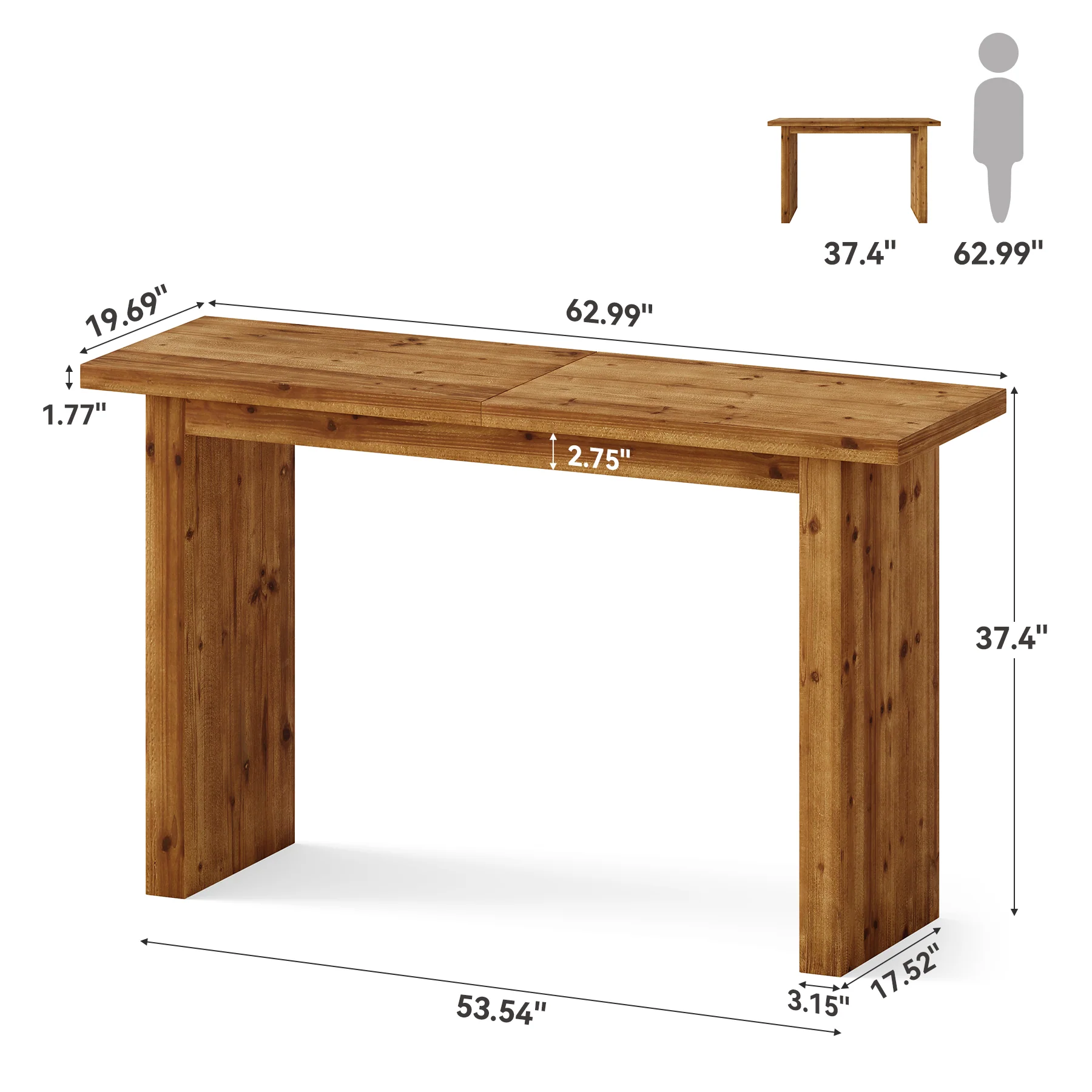 Hommoo Solid Wood Counter Height Bar Table, 63 Inch Rustic Industrial Pub Table for Home Bar, Kitchen Island or Office Workspace, Natural