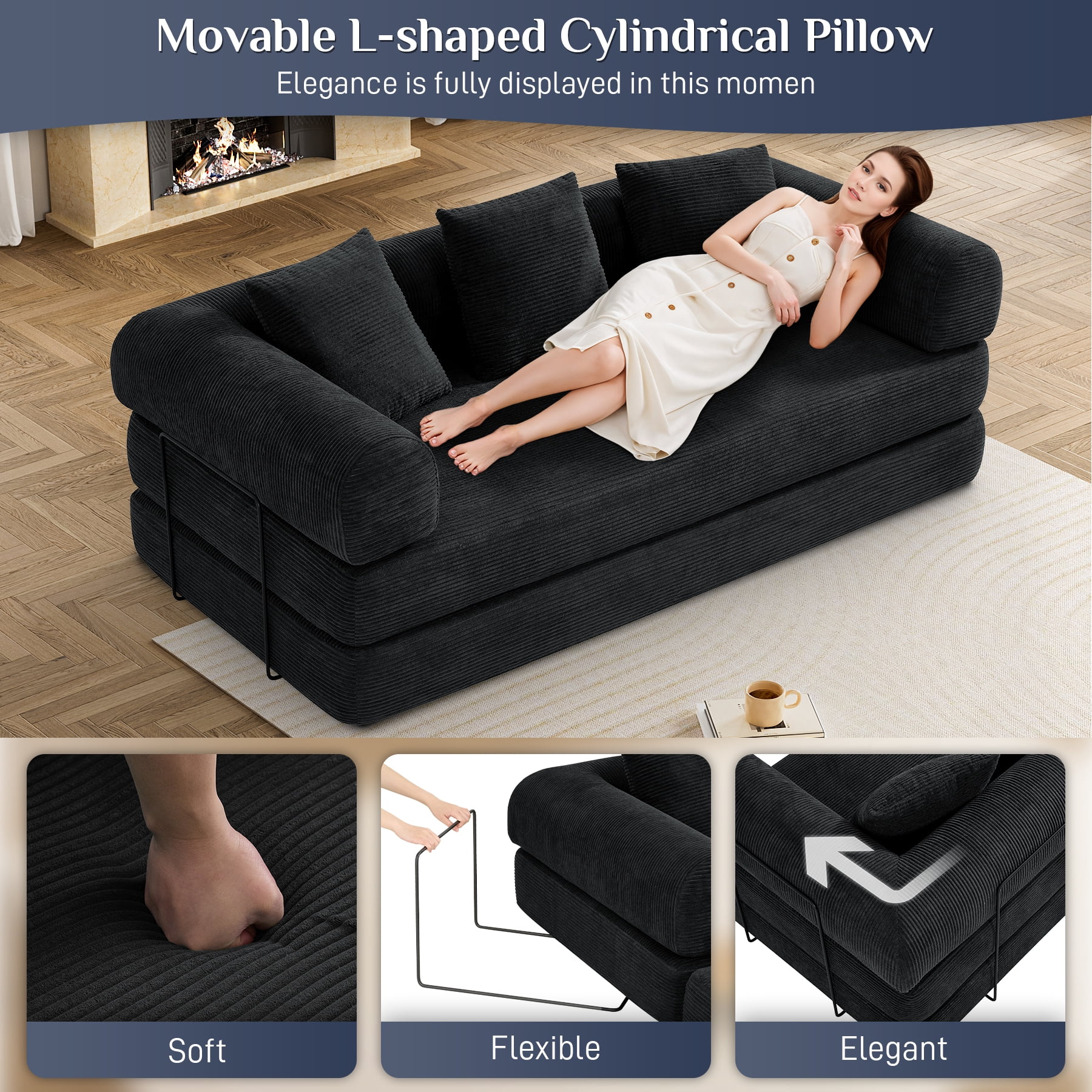 Wiilayok Convertible Sleeper Sofa Bed,Corduroy Modular Folding Mattress Couch with Fixed-Shape Frame,Comfy Futon Sofa Bed for Living Room, Bedroom(78.7",Black)