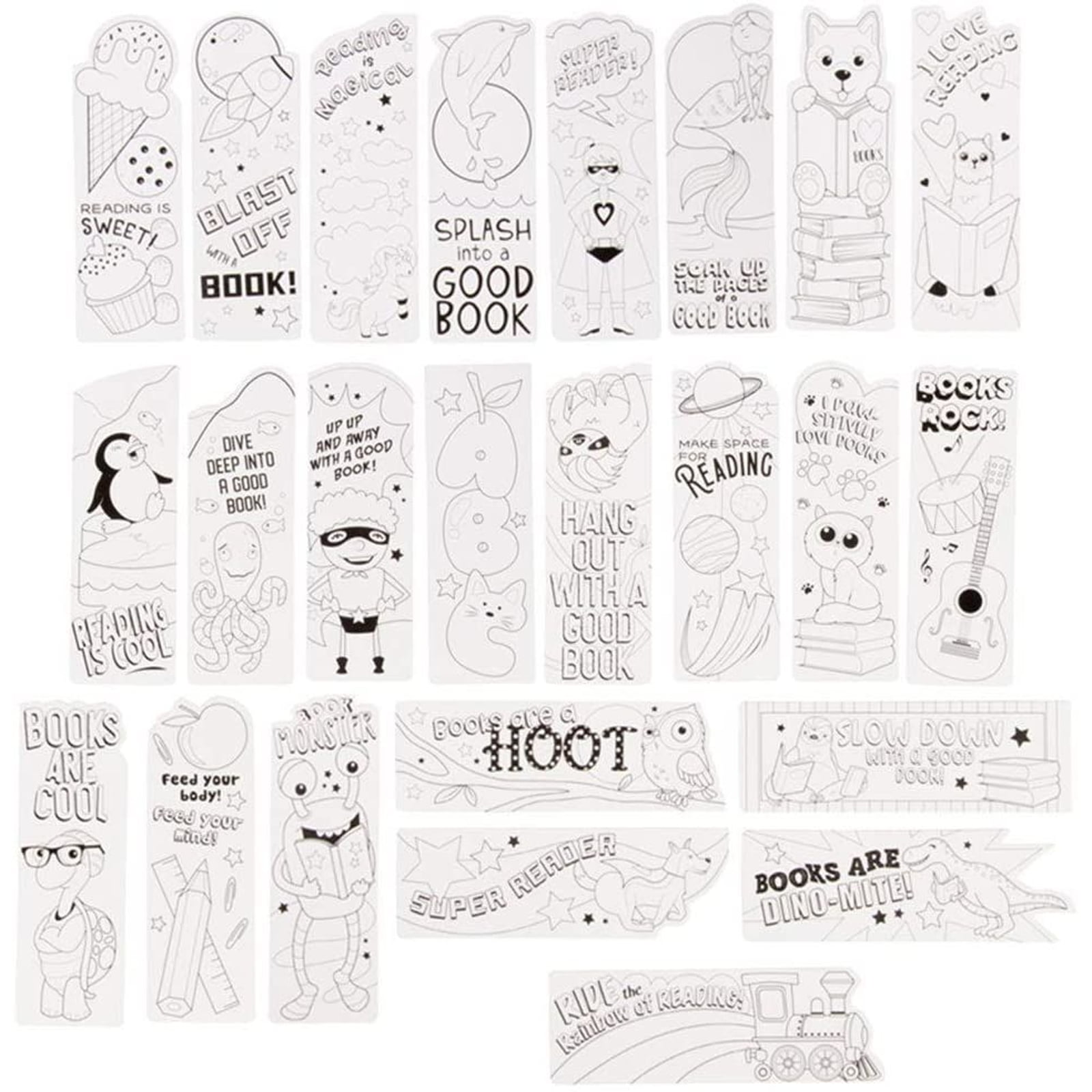 Color Your Own Bookmarks for Kids (24 Pack) Cute Animals and Hero for Teachers Students Classroom Rewards (6 X 2 Inches)