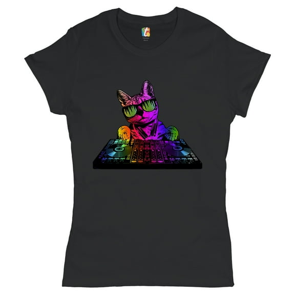 Tee Hunt Dj Kitty T-Shirt Rainbow Cat Funny Animal Lovers Music Women's T-Shirt Tee