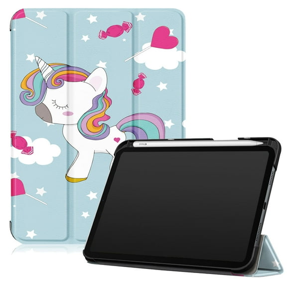 iPad Mini 6 Case with Pencil Holder, Allytech Folio PU Leather Anti-Scratch Viewing & Typing Stand Hard PC Shell with Soft Screen Protector Trifold Case for Apple iPad Mini 6 8.3" 2021, Cute Unicorn