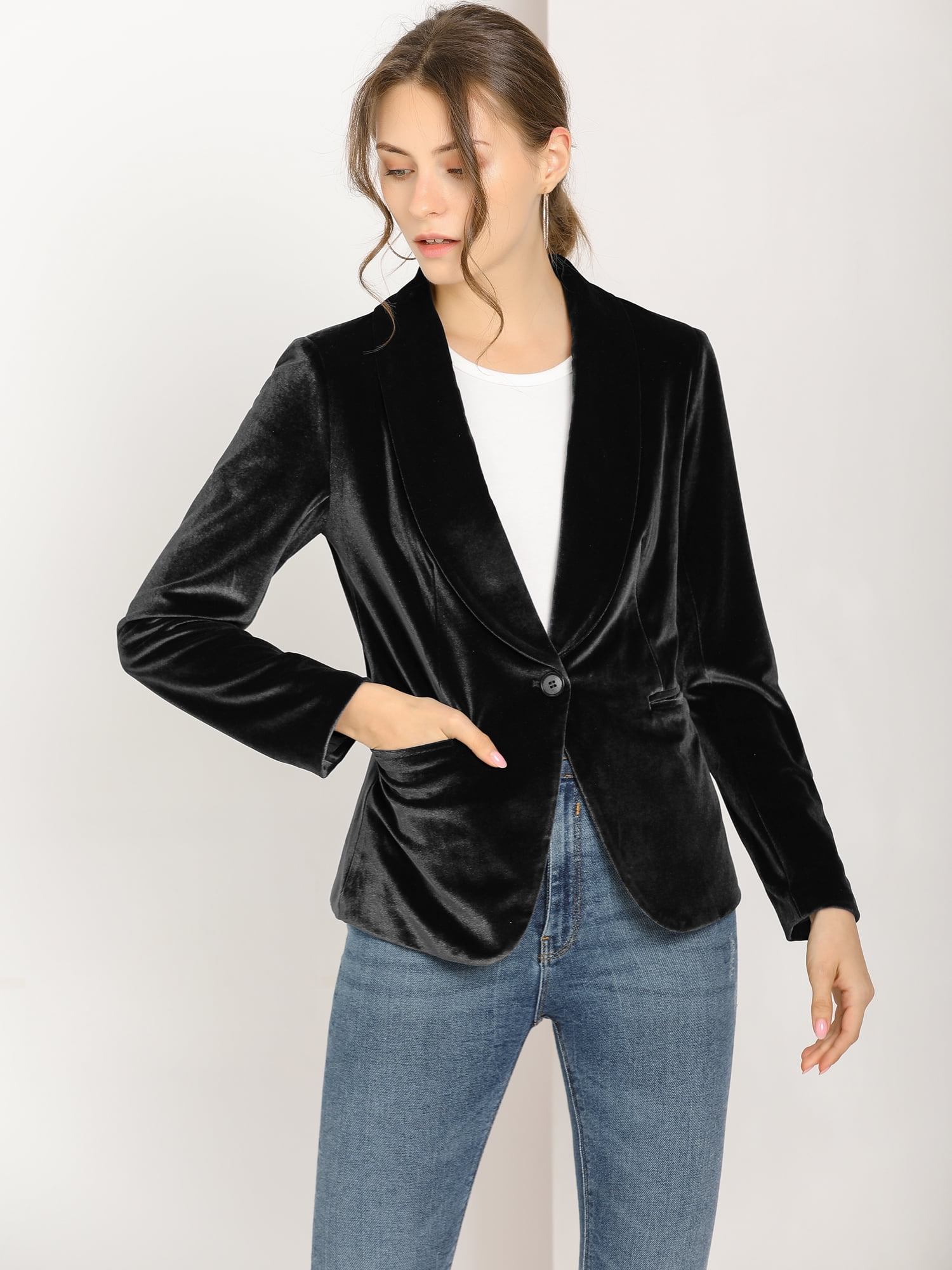 DARING DIVA Women's Velvet Office Coat Solid Shawl Collar Blazer 2XL Black