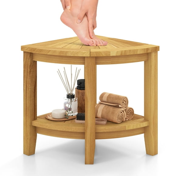 Gymax Corner Shower Stool Teak Wood Shower Bench w/ Storage Shelf Bathroom Foot Stool
