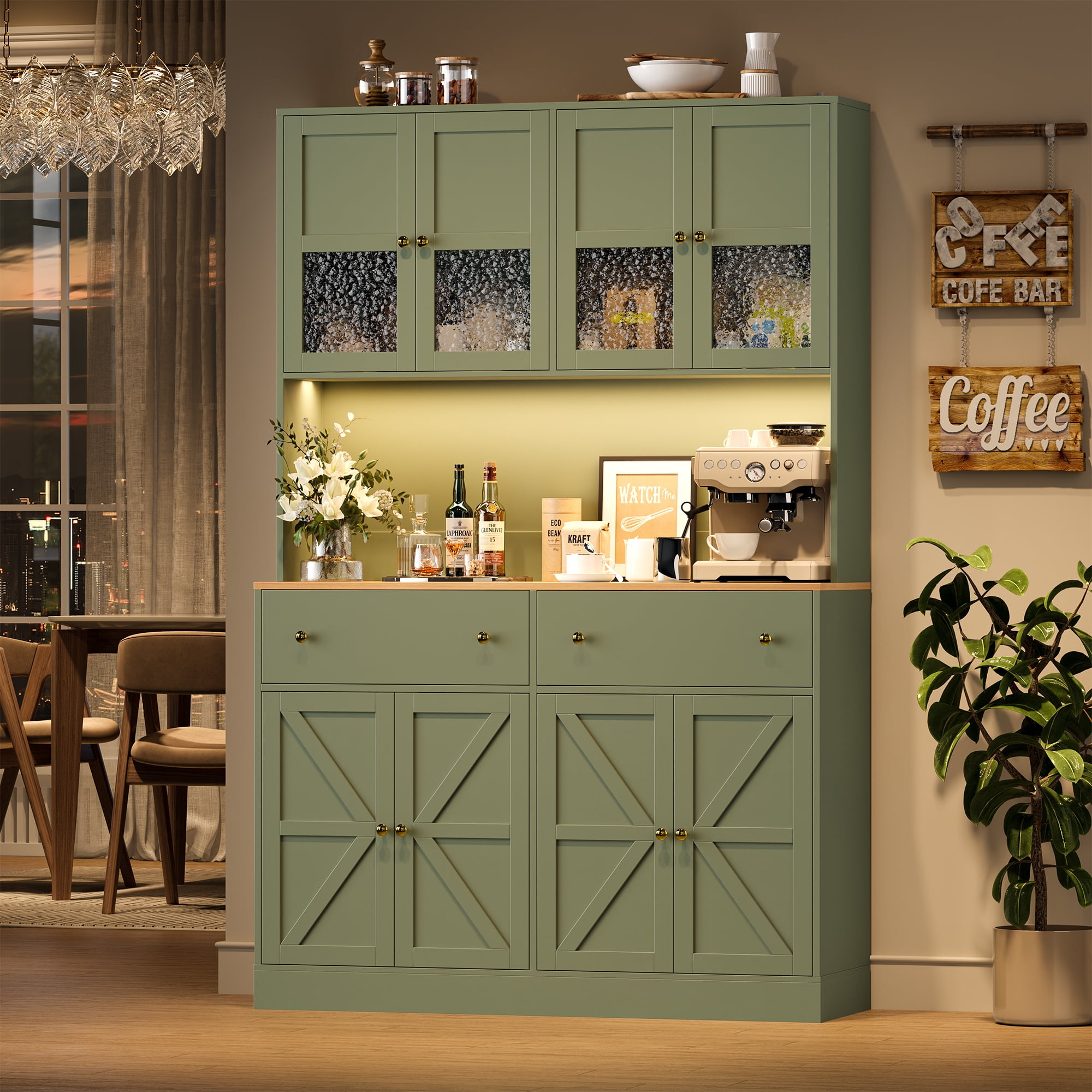 Homfa 71" Tall Kitchen Pantry Cabinet with LED Lights & Charging Station, MDF Freestanding Storage Cupboard with 8 Doors 2 Drawers, Buffet Cabinet with Storage for Dining Living Room, Green
