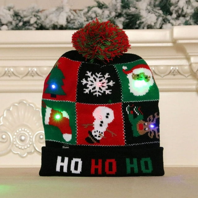Gorros tejidos de poliéster con decoración navideña, gorro navideño con pompón y luz Led, gorro de invierno con luz luminosa para Navidad