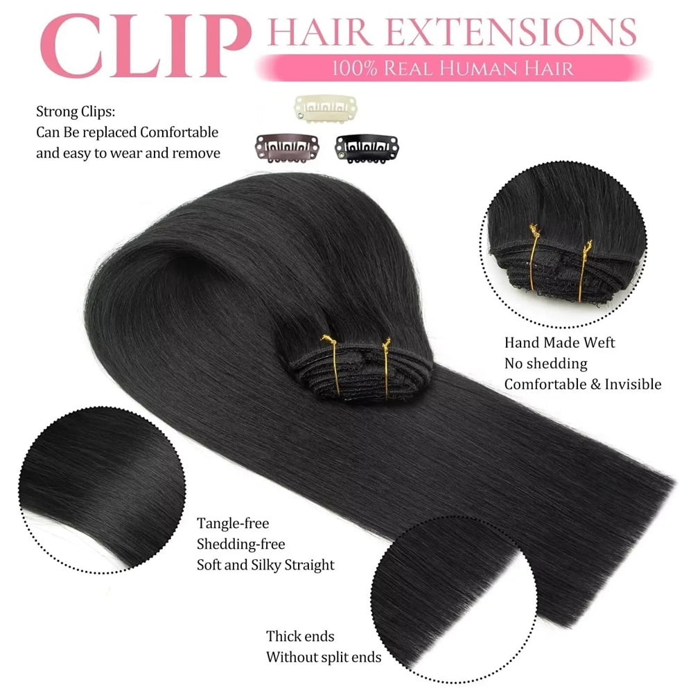 Straight Clip in Hair Extensions Real Human Hair Black Clip ins 100% Brazilian Remy
