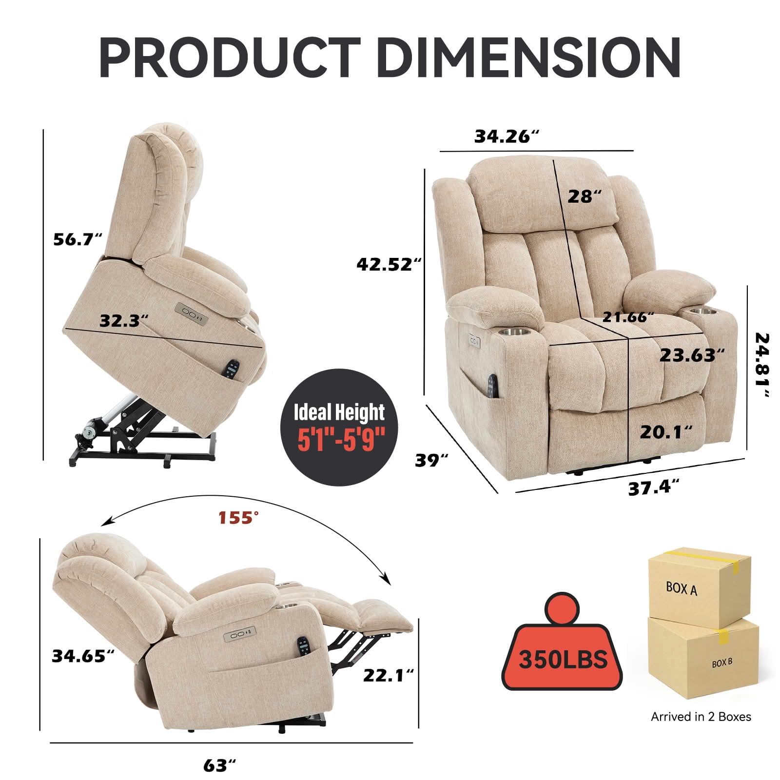 MAYEERTY Dark Brown Chenille Power Lift Recliner, 350lbs Massage Heat USB-C Cup Holders for Elderly 35"x29"x43"