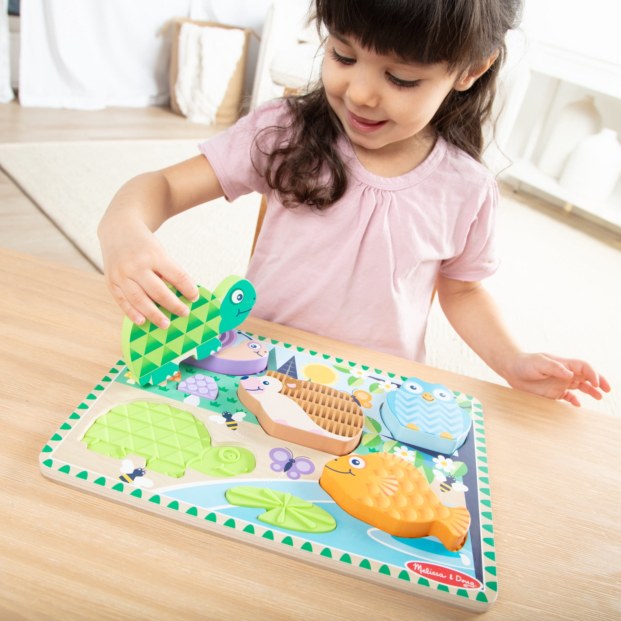 Melissa & Doug Forest Friends Touch & Feel Wooden Puzzle, 5-Piece Chunky Toddler Puzzle with Animals & Textured Silicone Puzzle Board Inlays for Ages 2+