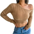 thumbnail image 2 of VSSSJ Women Off Shoulder Cropped Sweaters Long Sleeve Cable Knit Slim Pullover Solid Color Trendy Casual Crop Jumper Sweater Tops Khaki M, 2 of 7