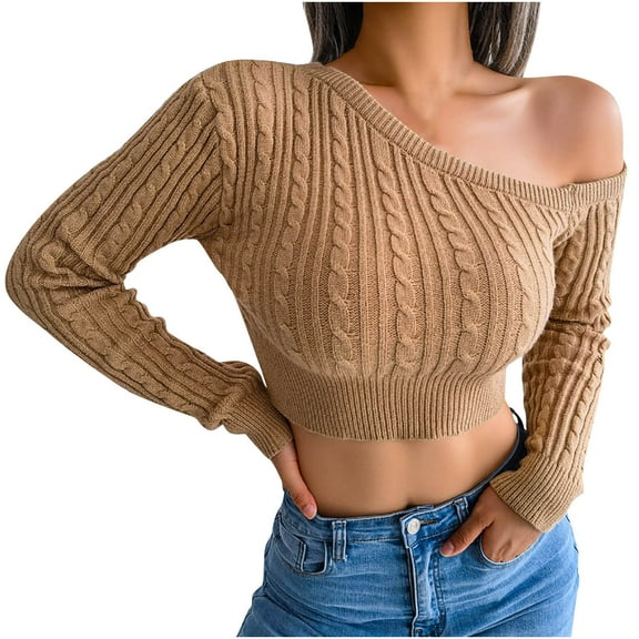 Lilgiuy Women's Casual Colorful Long Sleeve Off Shoulder Knit Sweater Crew Neck Sweater,Khaki,8 2022 Fall Winter