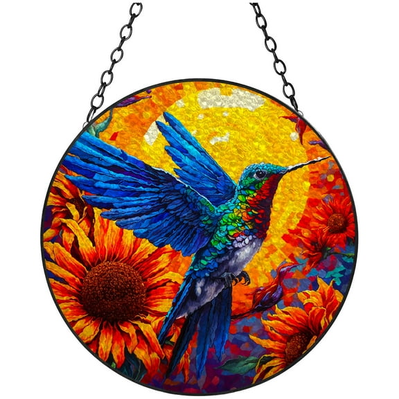 Hummingbird Sunset Sunflowers Stained Glass Suncatcher Handmade Window Hanging Colored Glass Suncatcher Crafts Kits for Indoor Garden Decor Memorial Gift 16x16cm(2)