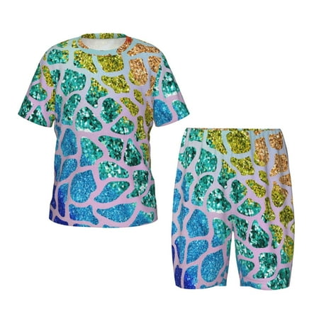 Luyuia Rainbow Glitter Print Girls  2-Piece Tie-Dye Pajama Set  Cute Summer Loungewear with Shirt and Tank Shorts Nightwear-X-Large