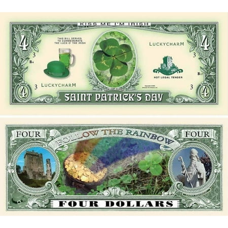 - 5 Saint Patrick Four Dollar Bill with Bonus “Thanks a Million” Gift Card Set